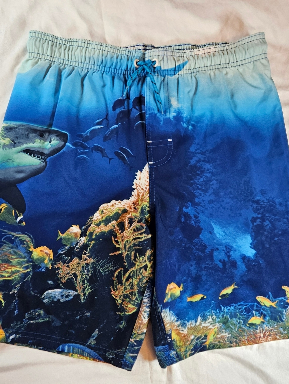 Wonder Nation Boys Shark Ocean Scene Drawstring Waist Swim Trunks Size XL 14/16
